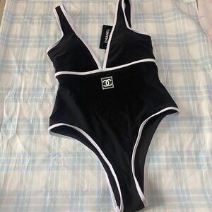 Celine Black And White One-Piece Swimsuit With A Double C Logo And A Deep V-Neck